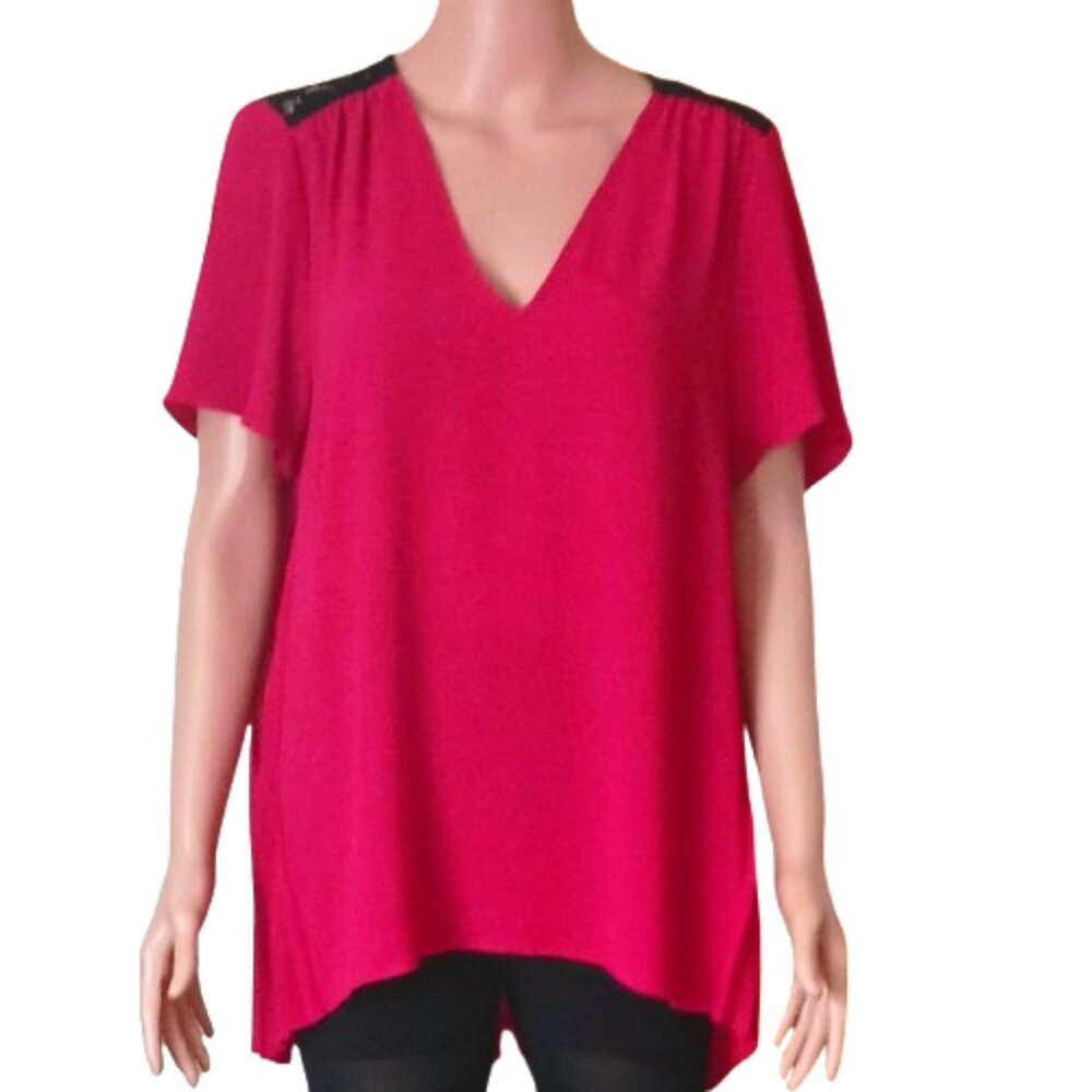 Michael Kors Pleated Back Blouse L Magenta with Black Lace Yoke Short Sleeve Top